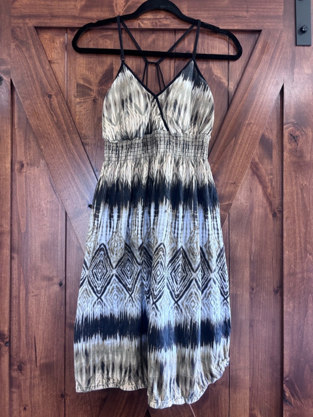 Strappy Ikat-Print Summer Dress in Neutral Olive and Black
